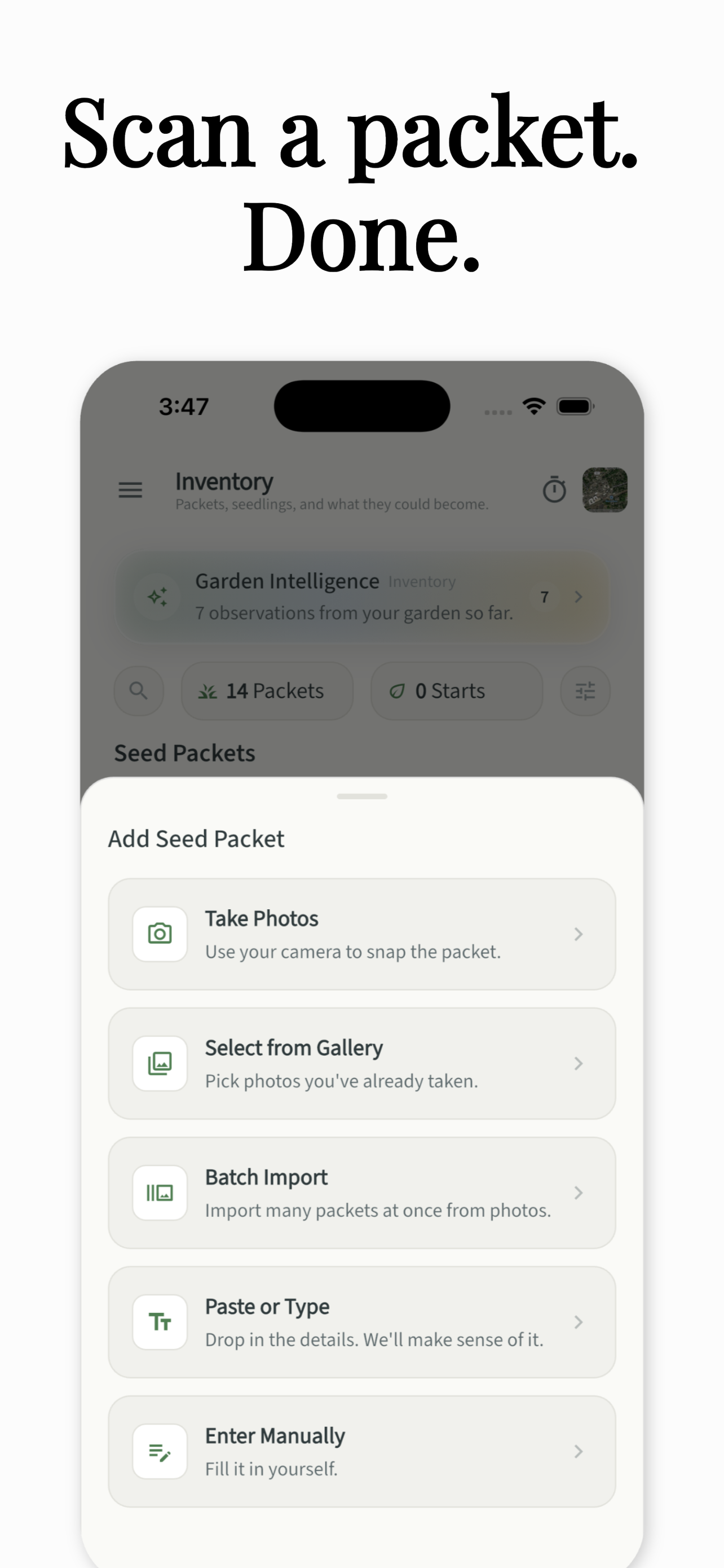 Scan a seed packet to add it to your inventory