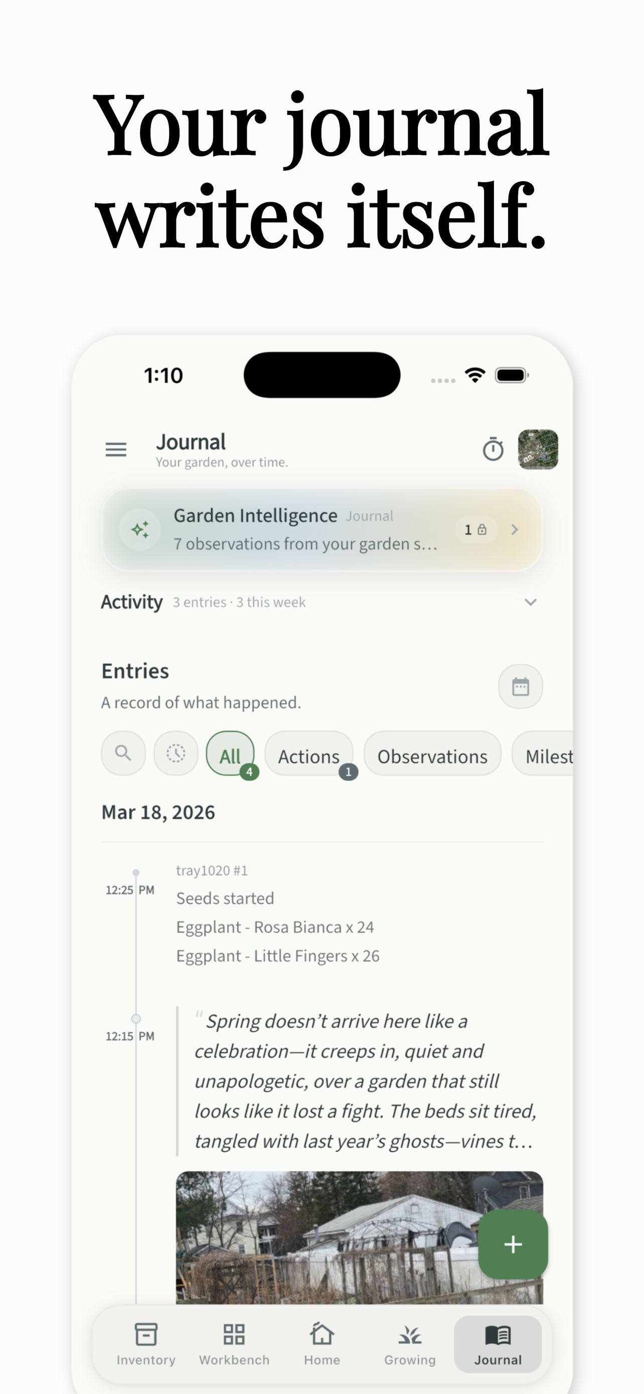 Garden journal with automatic entries from your activity