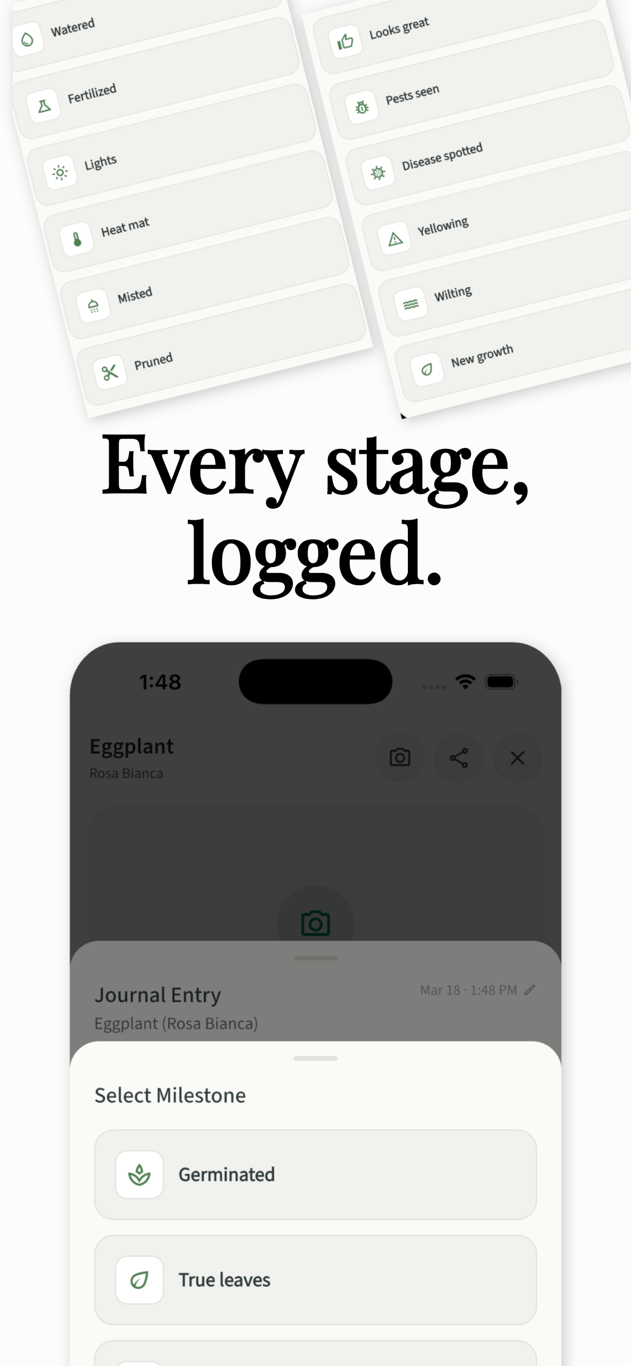 Track every stage from seed to harvest with milestone logging