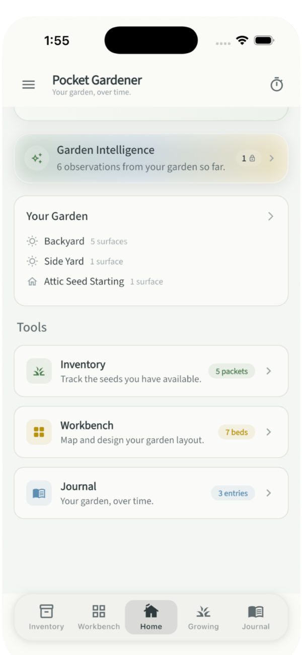Pocket Gardener home screen showing your garden overview